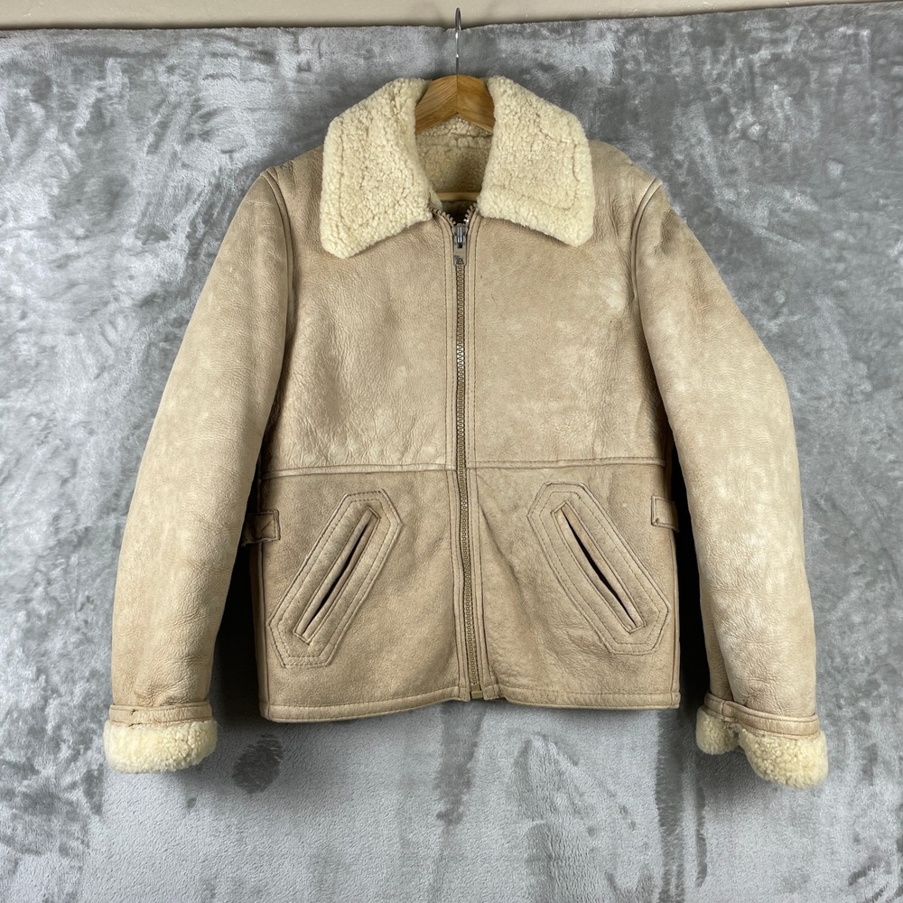 Vintage Tannery East Shearling Jacket Mens Small Sheepskin Half Belt Buckle Back